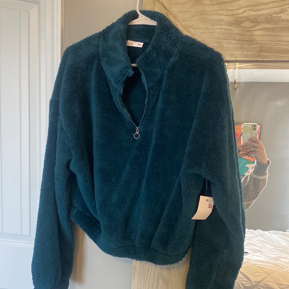 NWT SO plus size quarter zip cropped Sherpa green brand new pullover